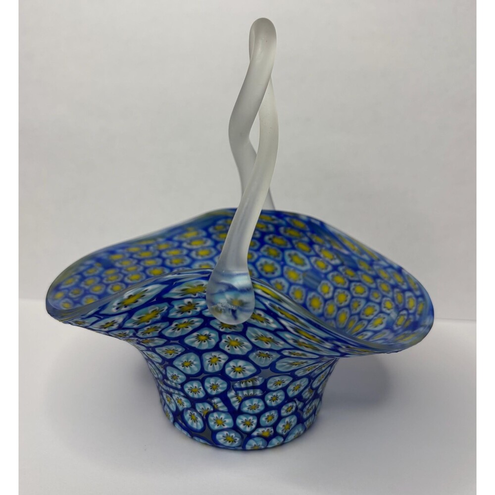 Vintage Millefiori Murrine Art Glass Basket Blue Floral Twisted Frosted Handle